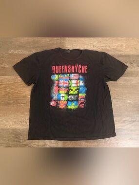 Gildan Black Queensrÿche Graphic Tee with Multicolor Flag Grid